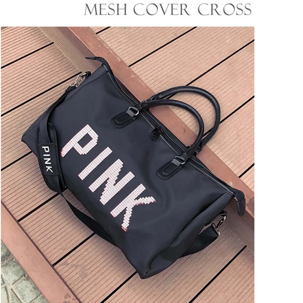 2019 Wobag Ladies Black Travel Bag Pink Sequins Shoulder Bag Women Handbag Ladies Weekend Portable Duffel Bag Waterproof Wash10