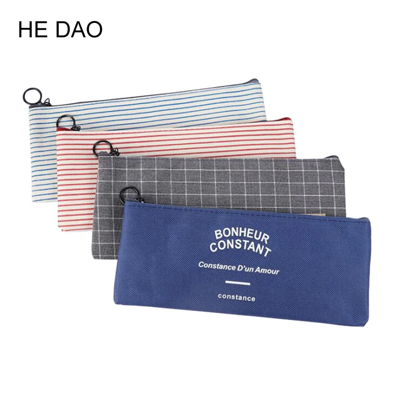 

Brief Style Grid Stripes Canvas Pencil Bag Stationery Storage Pencil Case School Gift Stationery Supply