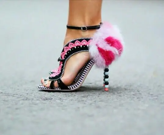Red Heart Straps Ladies Cutout Style High Heels Faux Pink Rabbit Fur Back Women Open Toe Sandals Ankle Buckle Female Dress Shoes Red Heart Straps Ladies Cutout Style High Heels Faux Pink Rabbit Fur Back Women Open Toe Sandals Ankle Buckle Female Dress Shoes