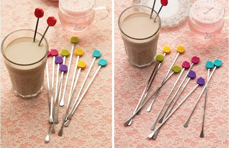 

Candy color lovely rose shaped stir bar Multicolor flower coffee spoon Silicone rose and stainless steel coffee tea scoops