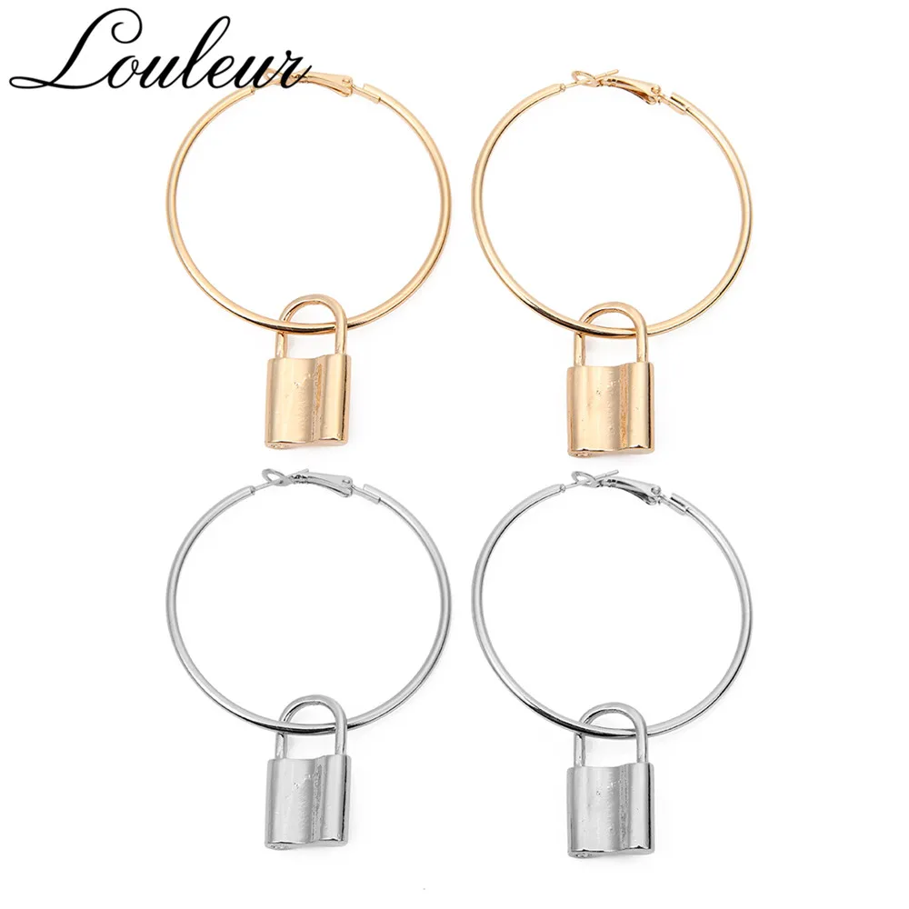 

Louleur New Personality Gold Hoop Earrings Round Circle Lock Hyperbole Statement Earrings for Women Party Jewelry Gift Brincos