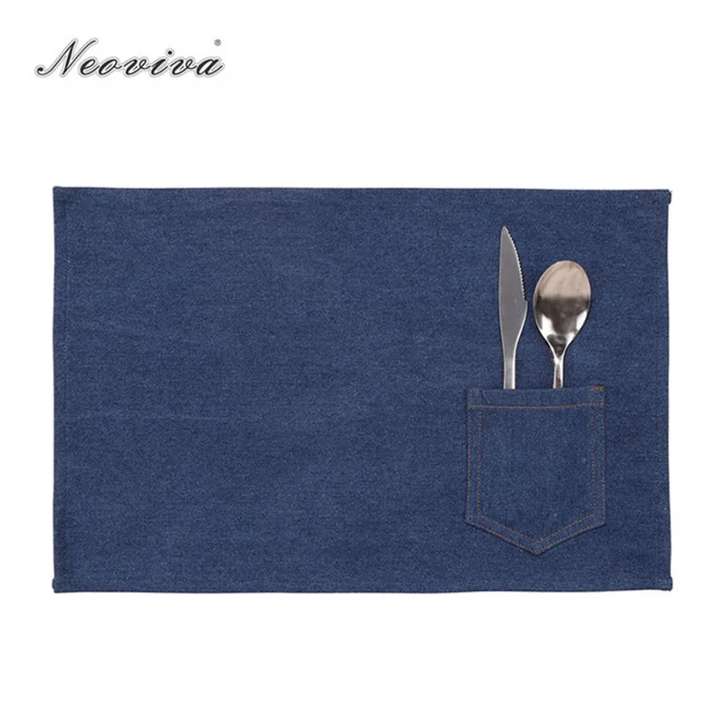 

Neoviva 4pcs Denim Single Layer Table Mat with Pocket for Knife and Fork Gift Solid Indigo Blue Dinner Napkins Home Cloth Mat