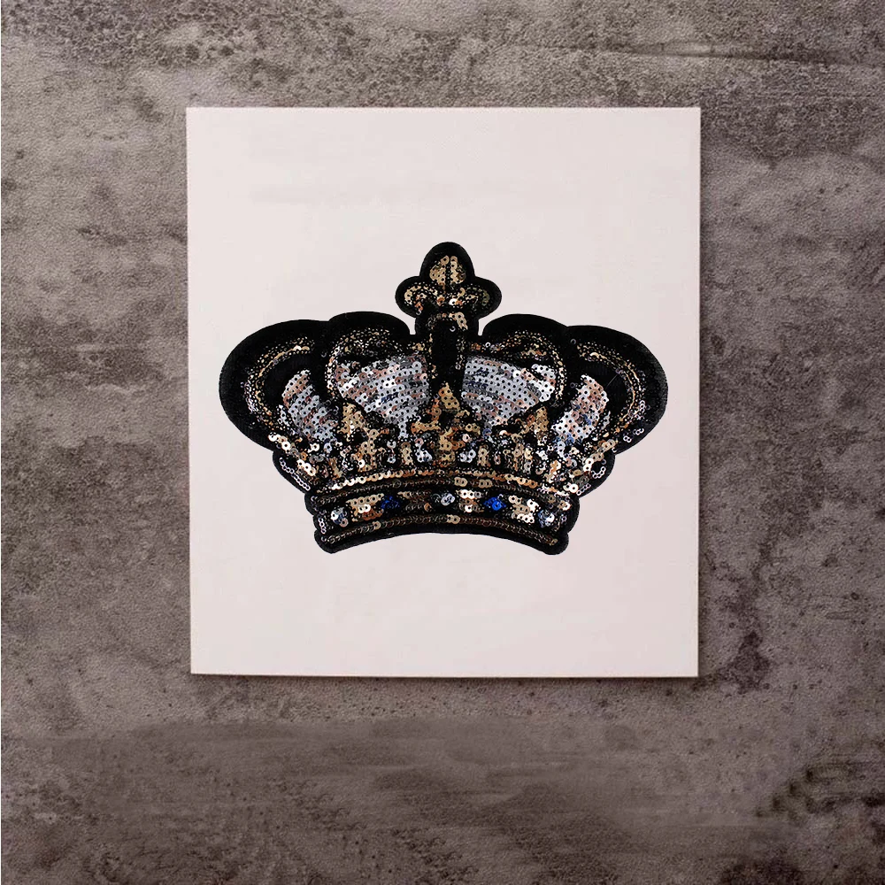 

2Pcs Large Crown Silver Gold Sequins Beads Cloth Patch T-shirt Coat Iron on Decals Patch