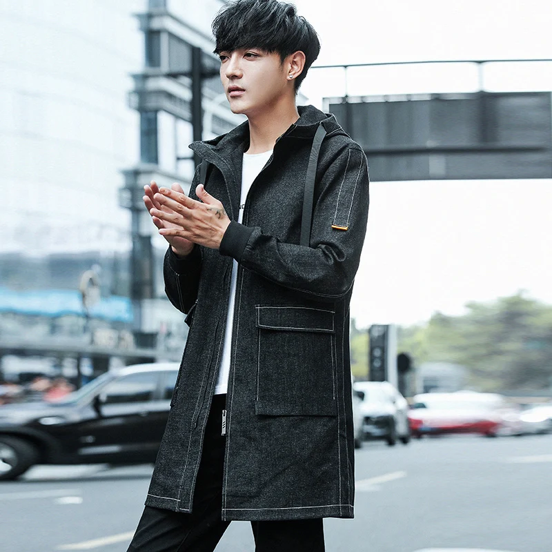 Men hooded paragraph dust coat 2019 Spring Long Denim jacket Fashion Trend Issue male  outerwear 