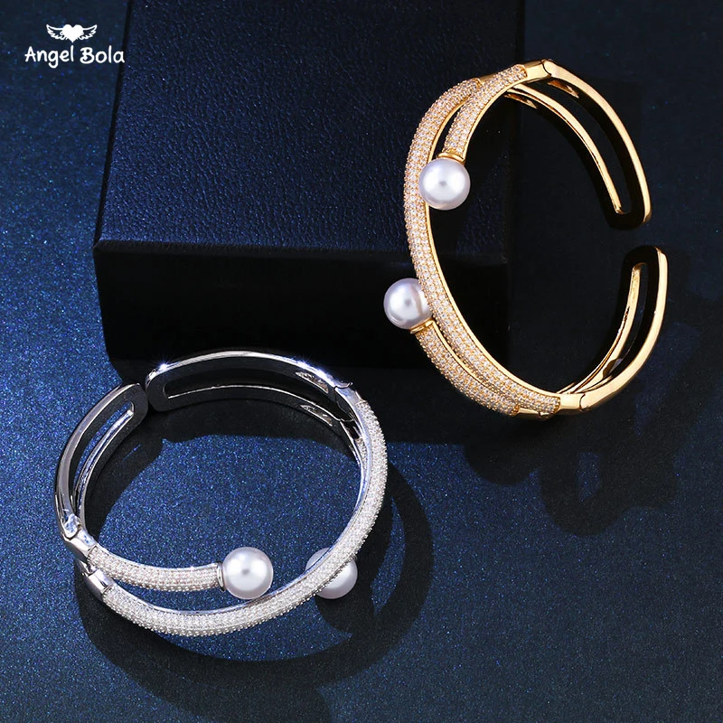 Beste AAA CZ Bruiloft Sieraden Goud Verzilverd Open Manchet Armbanden Eenvoudige Dubbele Gesimuleerde Pearl Bead Verstelbare Armbanden voor Vrouwen