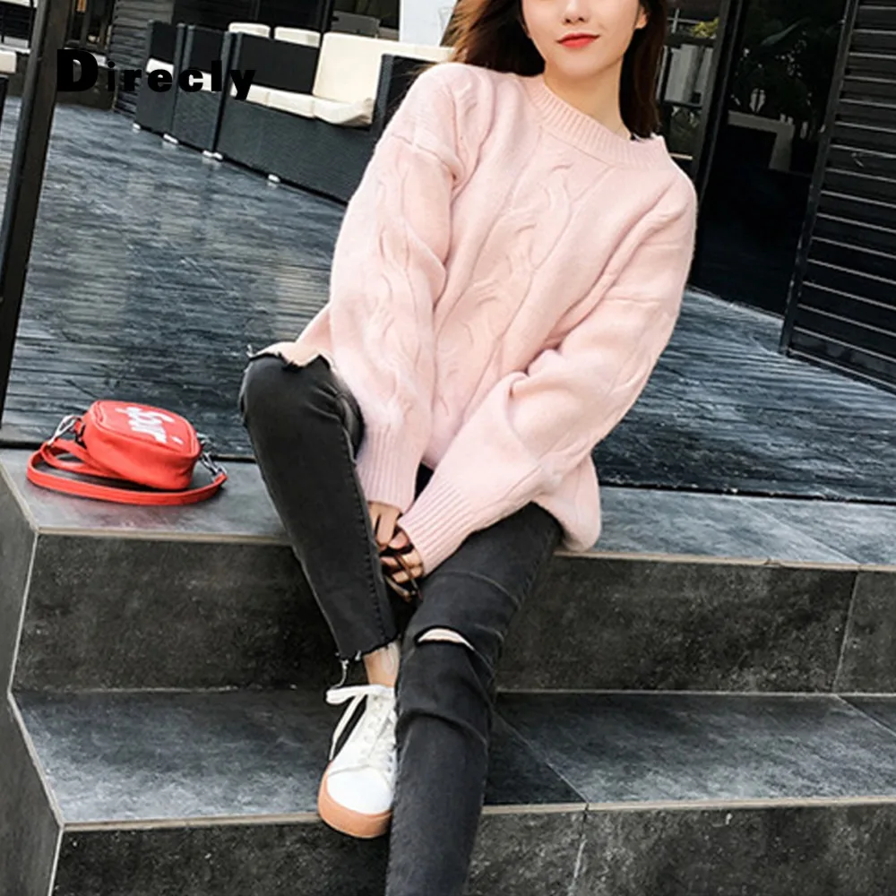 

Direcly 2018 Spring Women Sweater New Fashion O-neck Pullover Winter Knit Basic Tops Irregular Loose Female Knitwear Outerwear