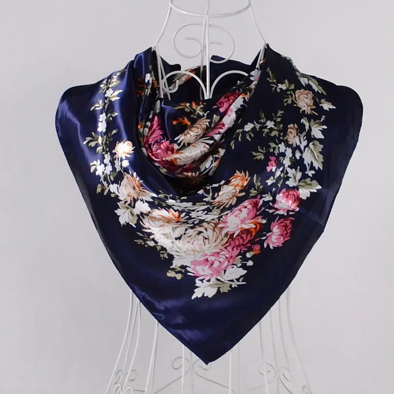 Демисезонный женский Шелковый квадратный шарф, платок, китайский стиль, полиэстер, атлас, большой квадратный шарф, женские шелковые шарфы, кофе, 90*90 см - Цвет: navy blue 528