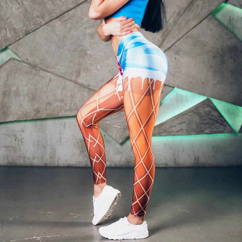 Женские спортивные Леггинсы с принтом мороженого, сексуальные обтягивающие штаны для бега, женские спортивные костюмы с эффектом пуш-ап, эластичные женские Леггинсы для йоги, спортзала, тренировок
