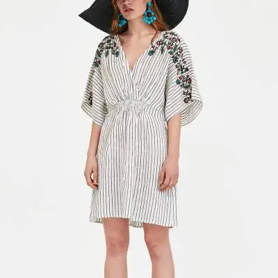 

OYK8316 za 2018 spring Women european print causal V-neck striped froal embroideried vestidos Dress one piece tassels vestidos