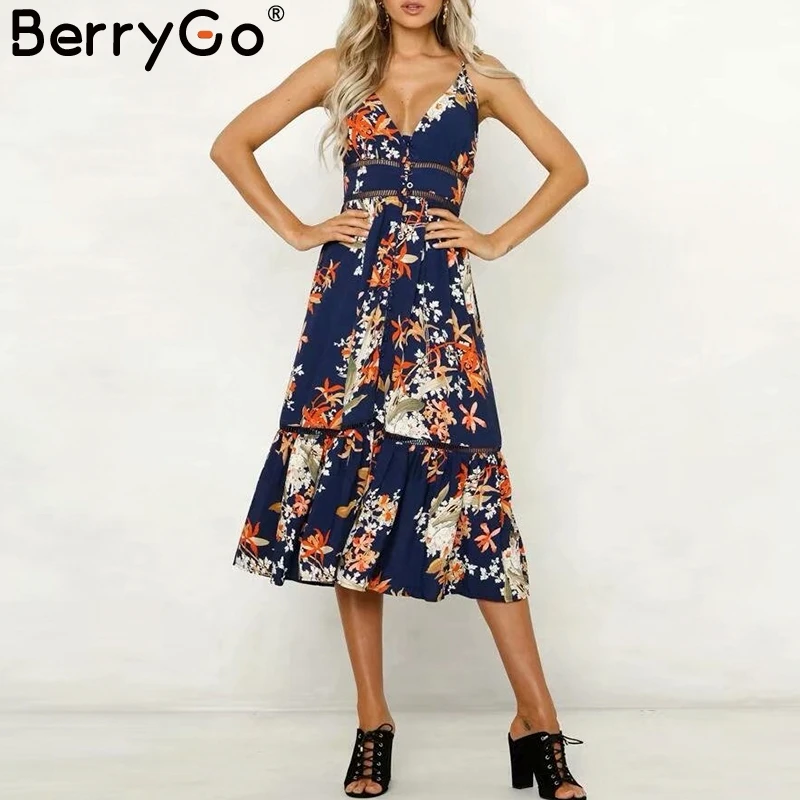BerryGo Sexy v шеи Женщины платье Спагетти ремень винтажное с цветочным принтом летнее