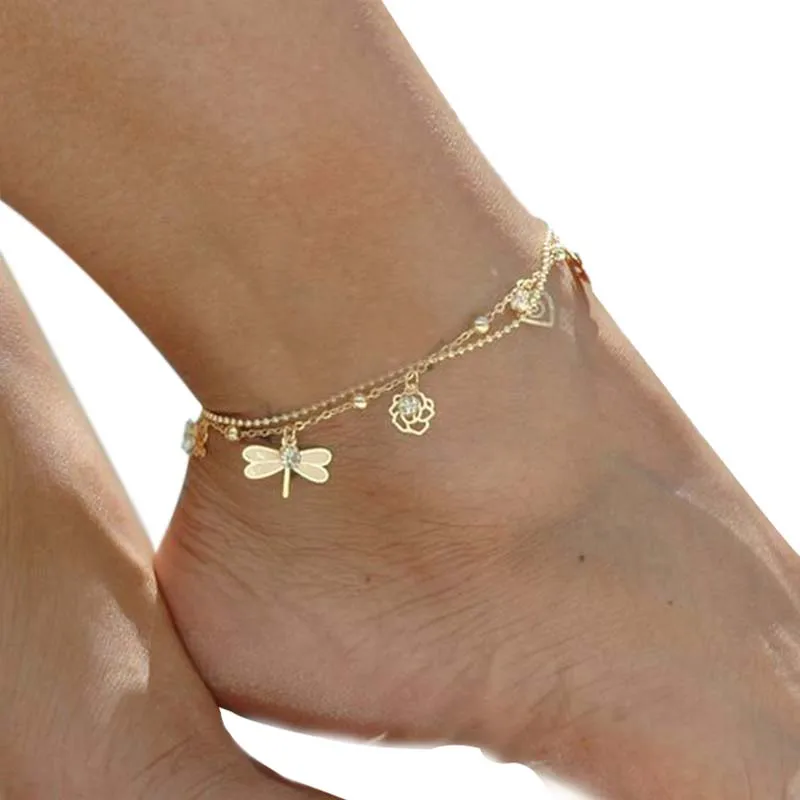 

Sexy Exquisite Multilayer Alloy Crystal Bead Dragonfly Butterfly Pendant Anklet Bracelet For Women Foot Chain Fashion Jewelry