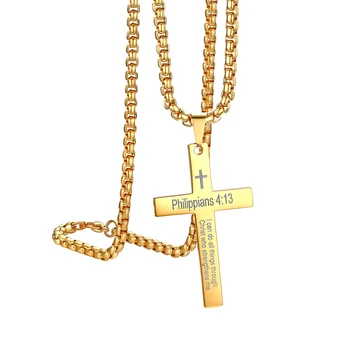 

BONISKISS Men's Cross Pendant Necklaces Silver Color Choke Stainless Steel Jewelry Long Suspension Necklaces Biblical Verse