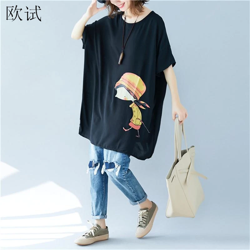 

Plus Size 2019 Summer Tee Long T Shirt Women Cartoon Girl Print Harajuku Kawaii Tshirt Casual Loose Shirts Tops Femme 5xl 6xl