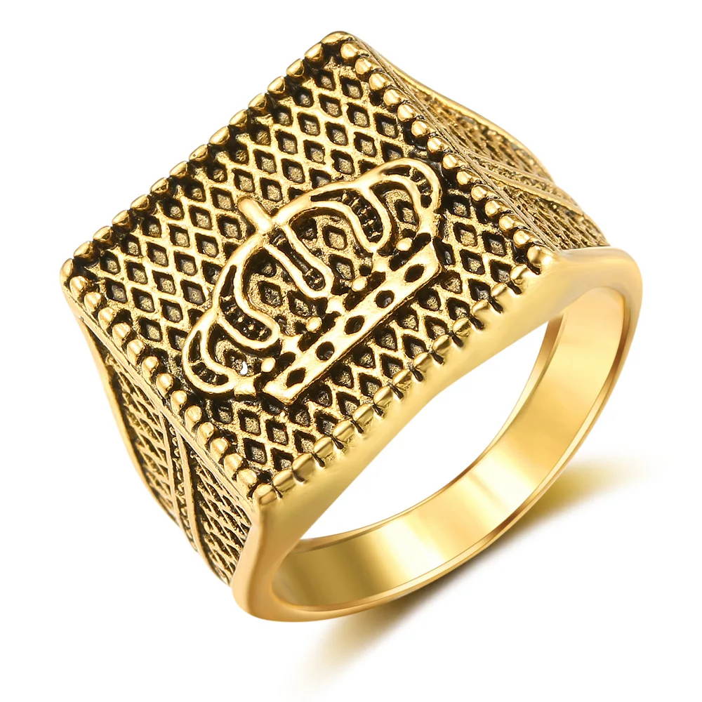 

Vintage King Queen Crown Signet Ring Hip Hop Metal Gold Color Carving Stars Punk Party Jewelry Gifts for Men Women