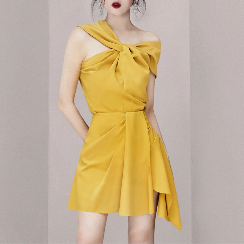 Max Spri New Fashion Asymmetrical Neckline Ruched Top Mini Wrap Skirt Office Lady 2 Pieces Sets Women Party Outfit Yellow