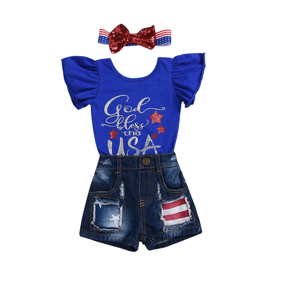 

Newborn Baby Girl July Star Stripe Flag Clothes Romper +Denim Short Jeans Outfit