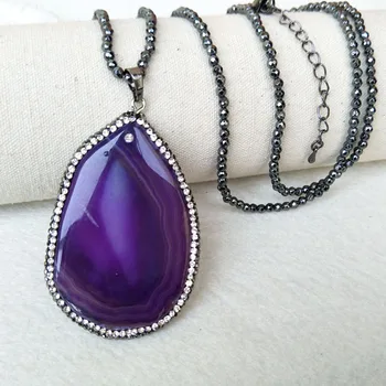 

4 Strands Hematite beads necklace Gems Slice agat e stone Pendant pave crystal Charm Jewelry necklaces For women NK268
