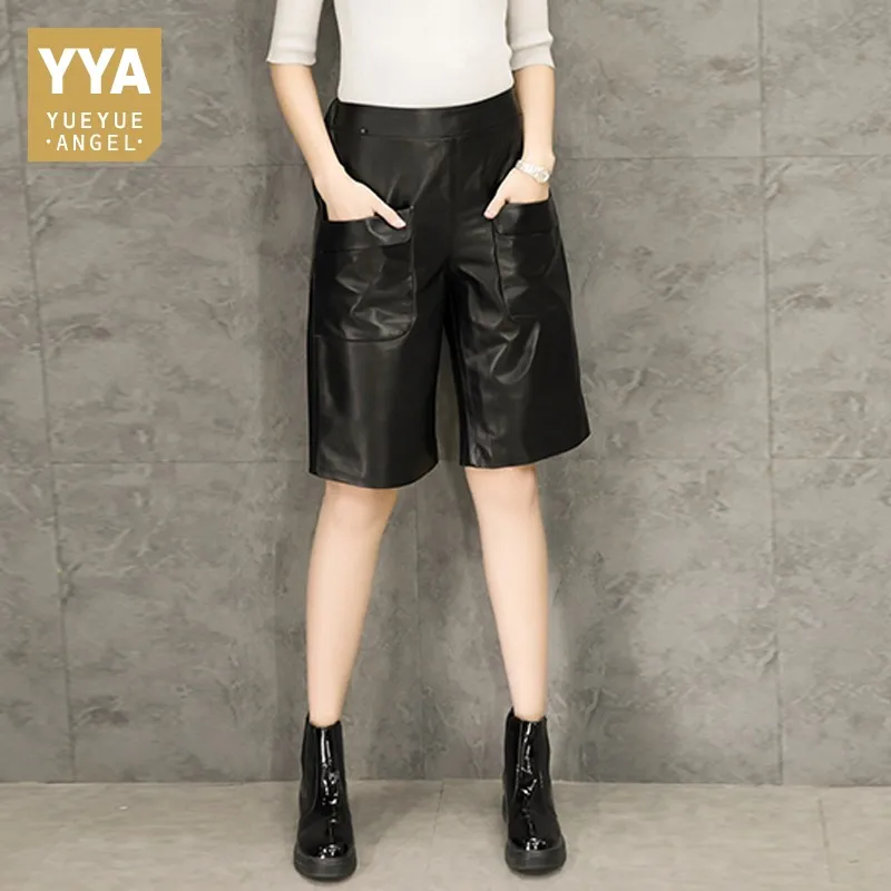 Women Sheepskin Short Pants 2022 Spring New Korean Loose Fit High Waist Knee Length Real Leather Trousers Ladies Casual | Женская одежда