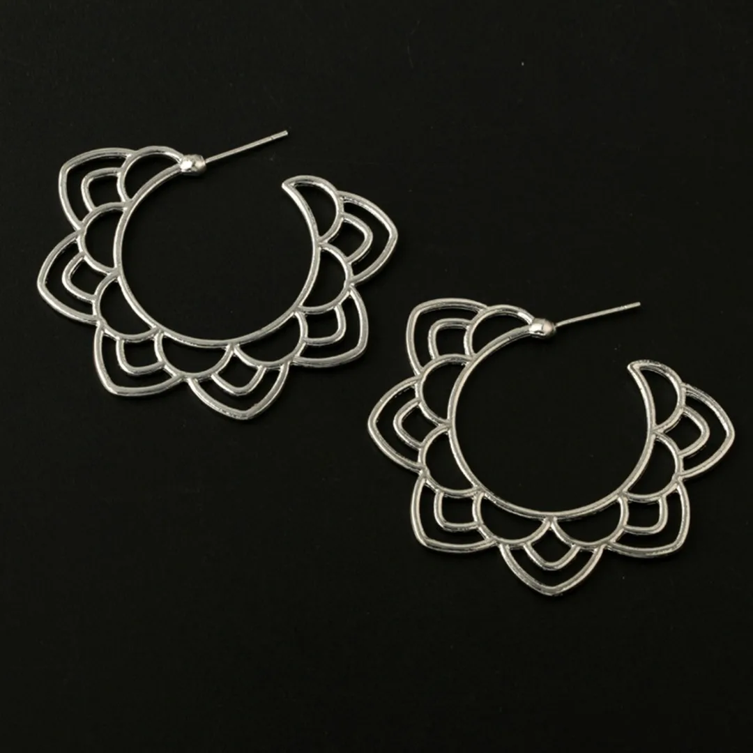 Vintage Ethnic Silver/Gold Color Hoop Earrings Charms Hollow Lotus Flower Earrings Bohemian Womens' Jewelry Accessories Gifts