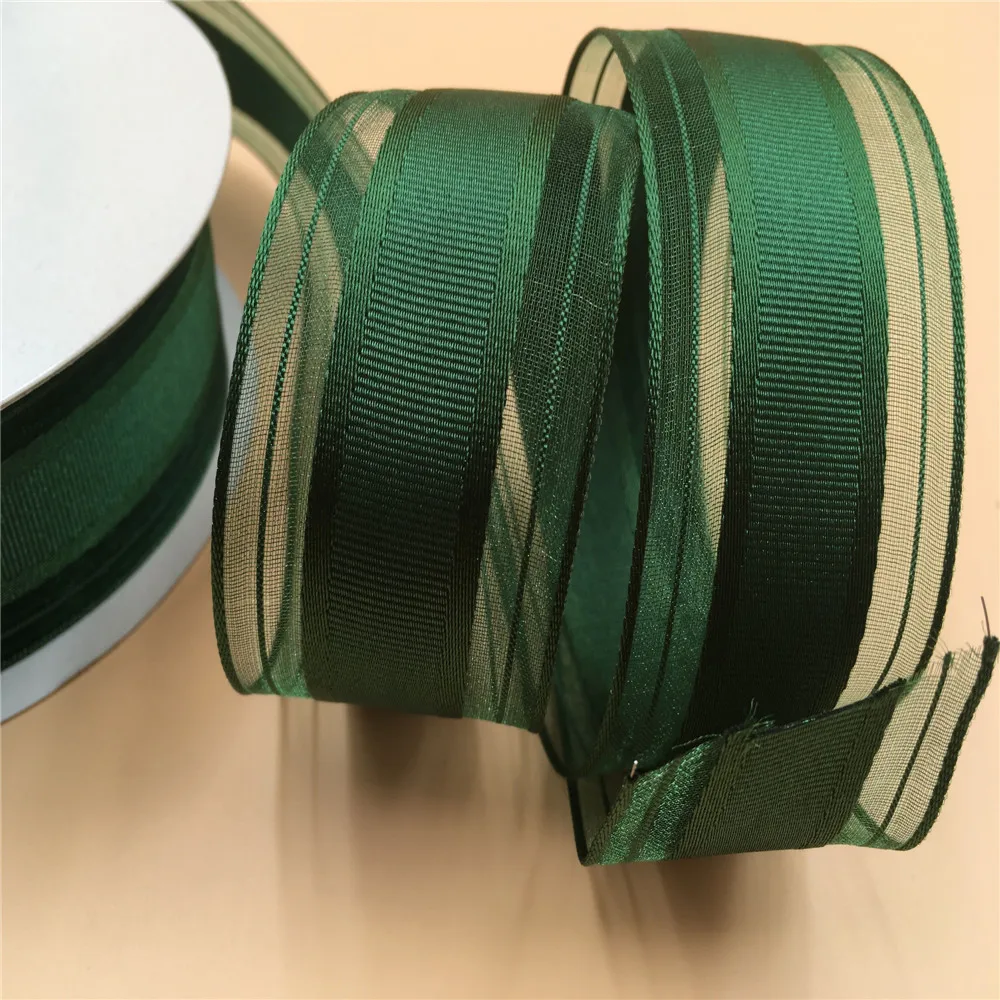 

N2216 38MM 25yards roll gift box wrapping wired edge emerald green lines organza edged grosgrain ribbon