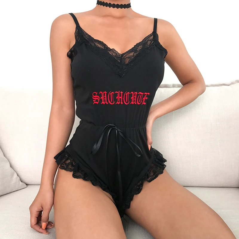 Sweetown خليط الدانتيل حافة حزام ارتداءها النساء السود إلكتروني التطريز الجسم فام القمم ديب V الرقبة مثير داخلية ملابس للنوم Sweetown خليط الدانتيل حافة حزام ارتداءها النساء السود إلكتروني التطريز الجسم فام القمم ديب V الرقبة مثير داخلية ملابس للنوم