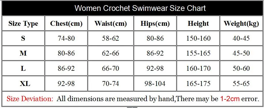 Size chart for Crochet Swimsuit XLK