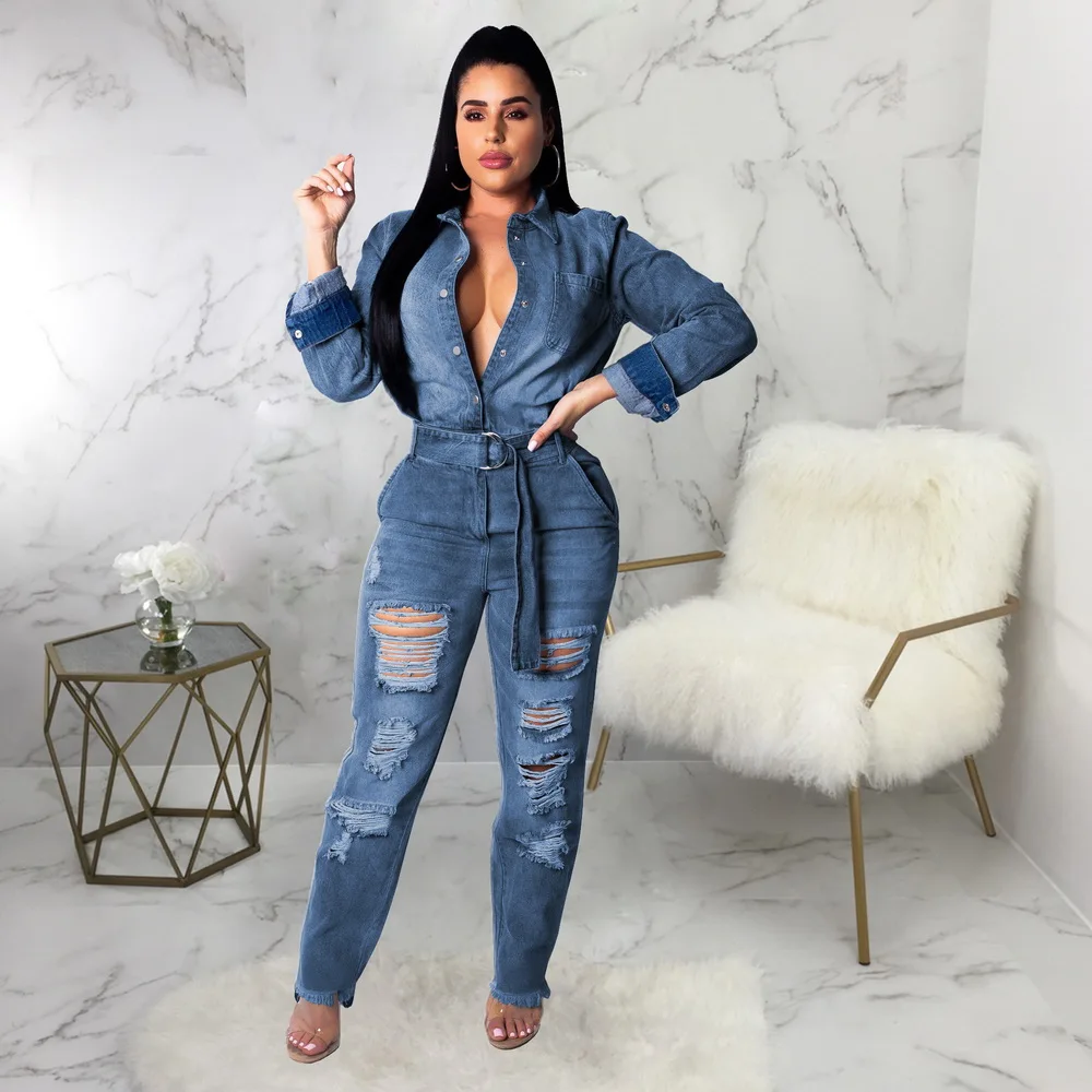 

Wendywu Newly Sexy Women Square Collar Long Sleeve Elegant Denim Casual Jumpsuit Hollow Out Autumn Loose Straight Jeans Jumpsuit