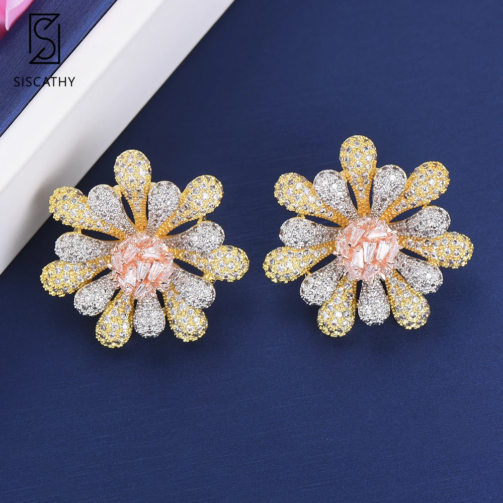 

SISCATHY Trendy Dubai Indian Earrings Flower Stud earrings Full AAA Cubic Zirconia Inlaid Crystal Earrings boucle d'oreille