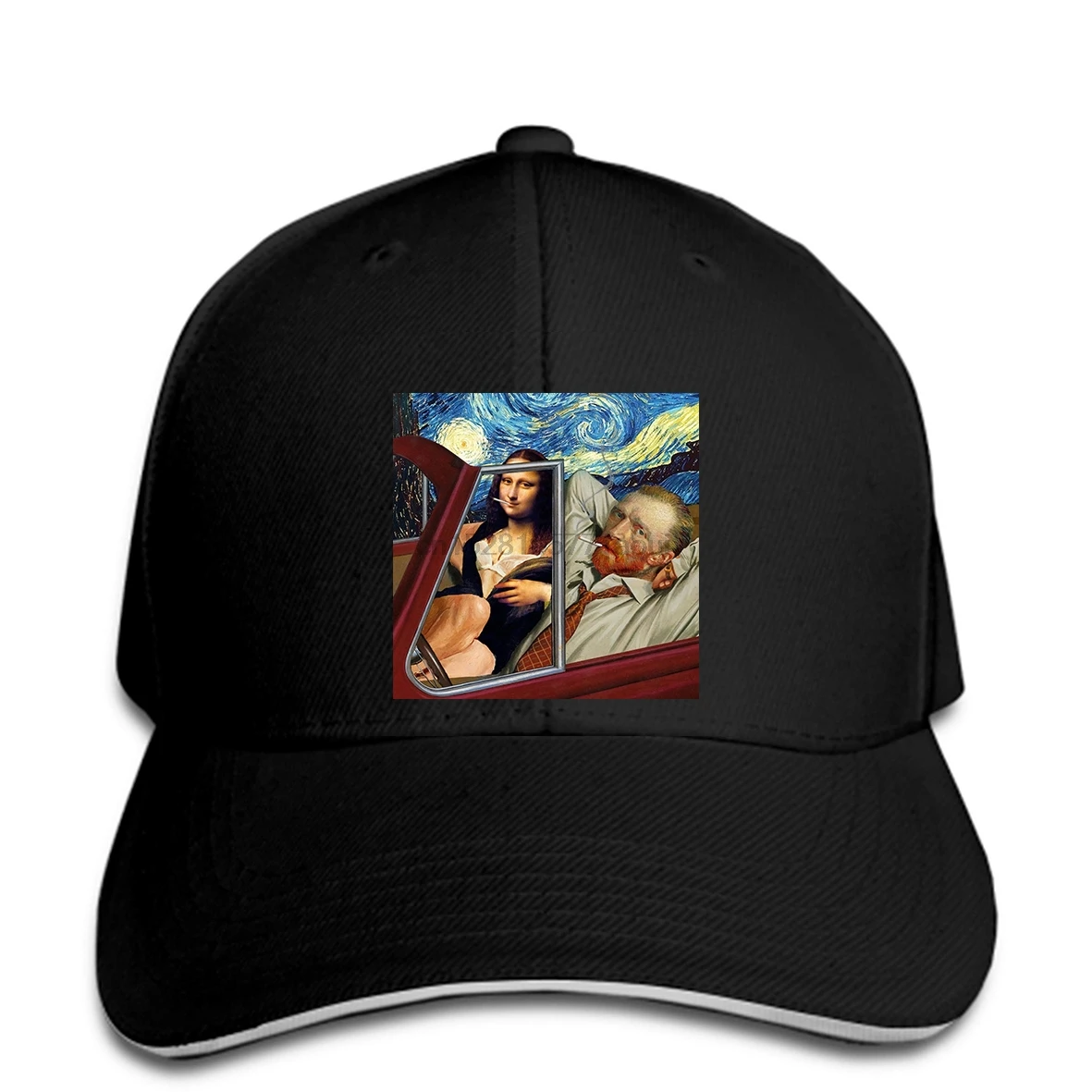 

Baseball cap Mona Lisa Van Gogh Car Smoking Funny Baseball caps Unisex Pop Art Comic Art hat White
