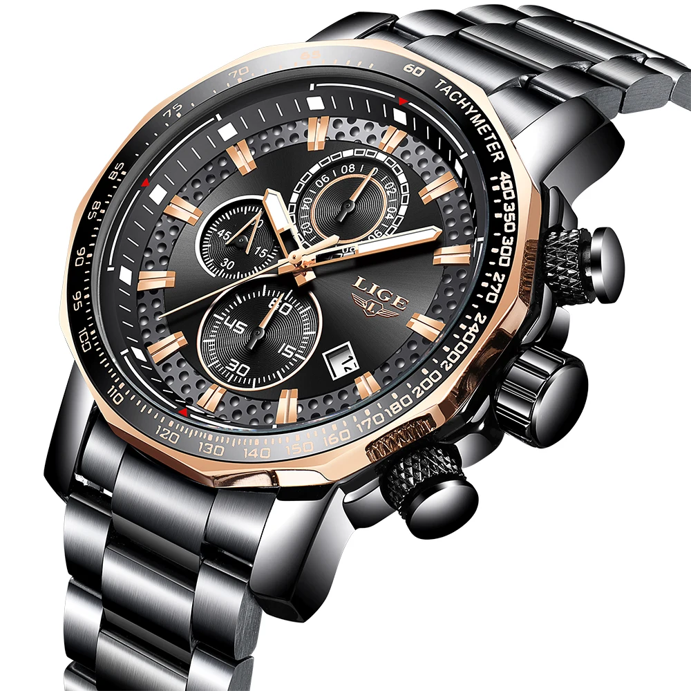 

LIGE Men's Watches 2019 Multifunctional Business Wrist Watches Clock Fashion Sports Waterproof Calendar Analog Quartz Male Watch