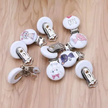

5Pcs/Lot Baby Pacifier Clips Cats Printed Wood Metal Holder Clasps 4.4cm x 3cm