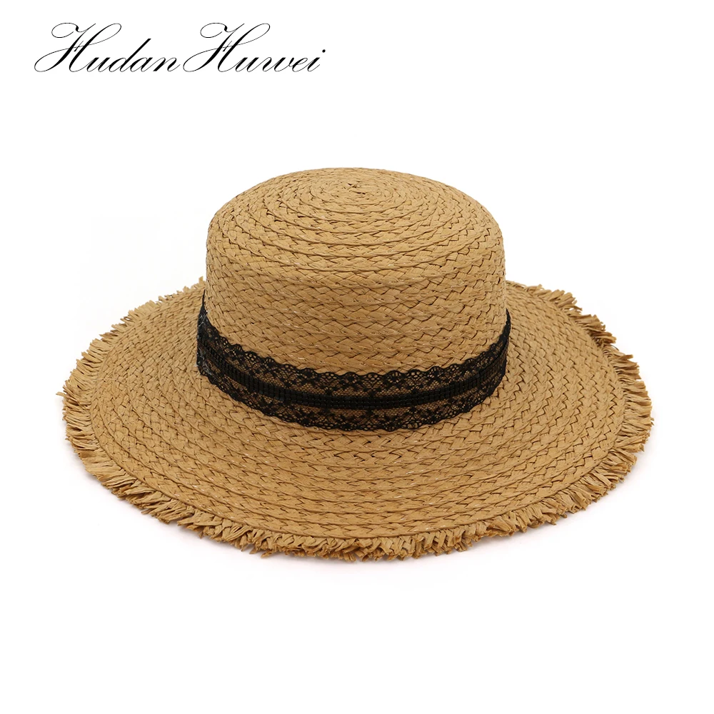 Women Summer Beach Wide Brim Floppy Panama Straw Hat Leisure Pearl Belt Sun Cap