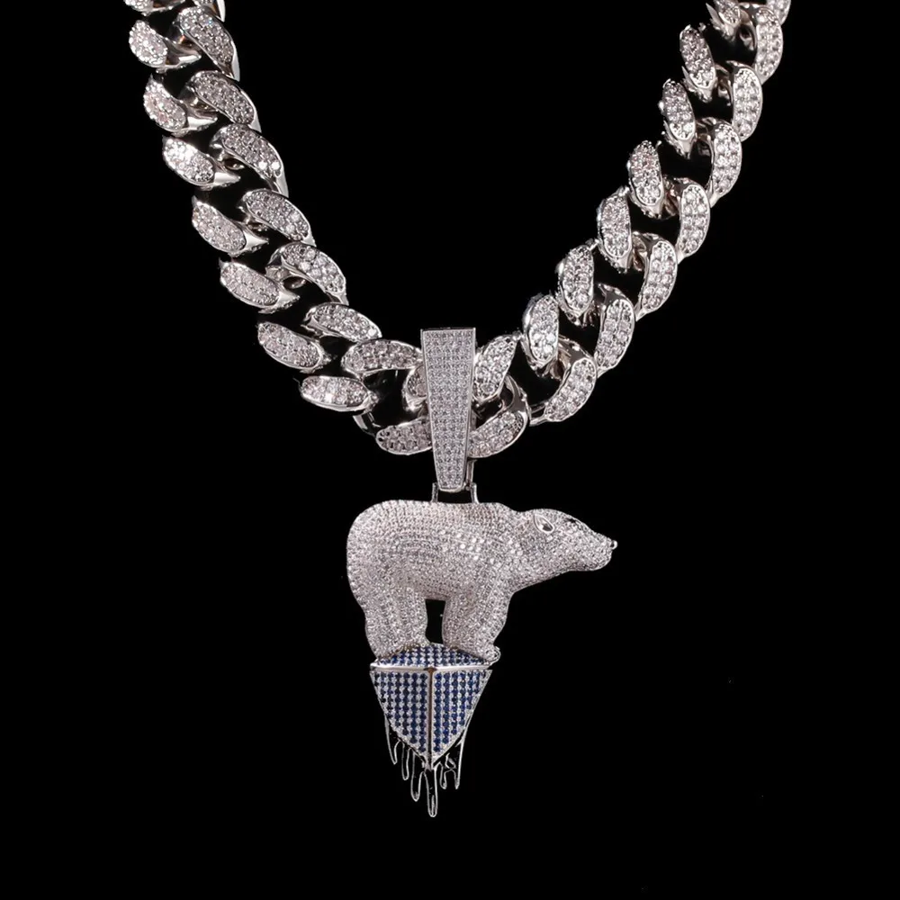 UWIN белого золота цвет ледника Полярный медальон в виде медведя ожерелье Мода хип-хоп с 20 мм кубинские звенья цепи Iced Out CZ ювелирные изделия