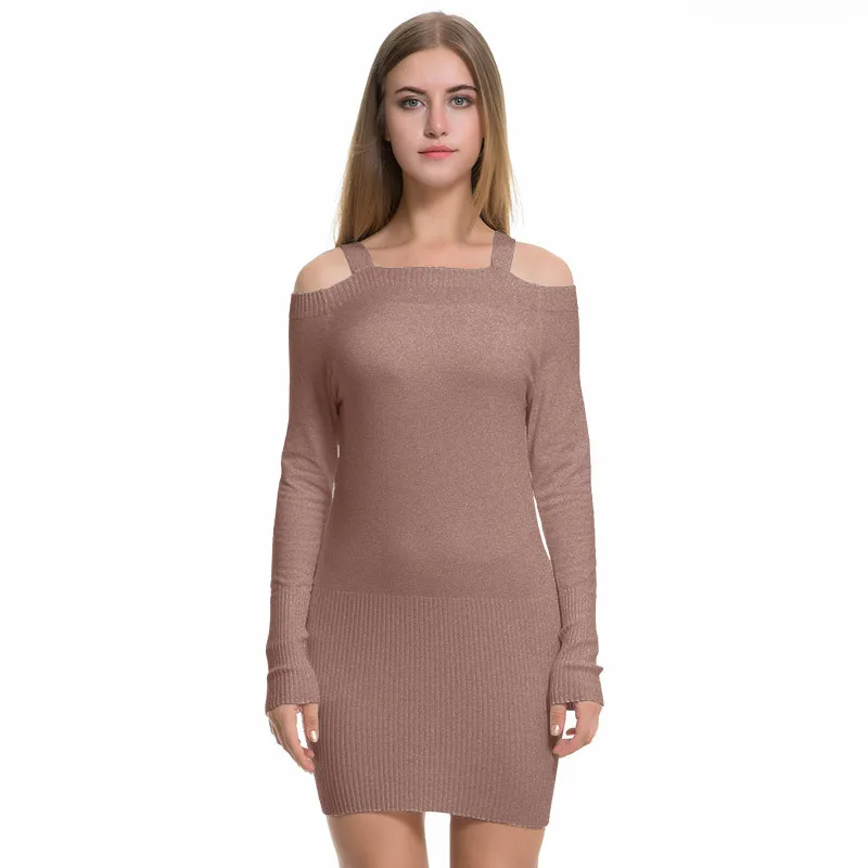 

High Quality Women Casual Autumn Winter Knitted Dress For The Office Off Shoulder Long Sleeve Solid Women Sexy Sheath Dress 2030