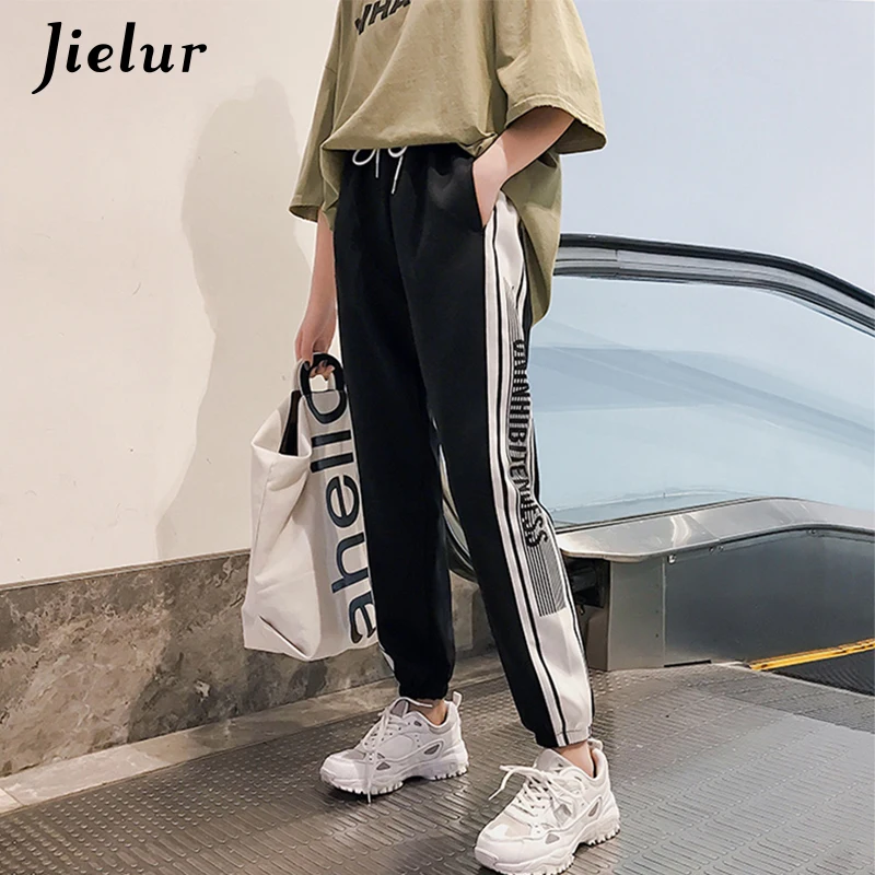 

Jielur Korean Style Joggers Women Summer Letter Stripes Boyfriends Pants Female New Loose Casual Blue Black Harem Pants M-XXL