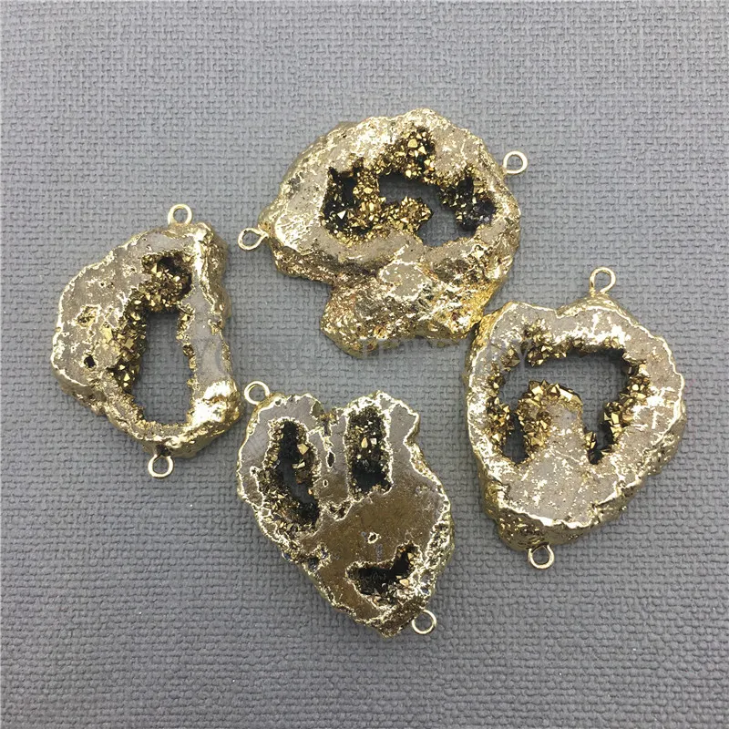 MY0409 Freeform Agate Geode Druzy Slice Gold Color Coated Connector,Row Gold Titanium Slab Pendant (1)
