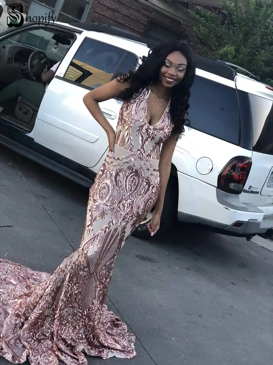 Long Sparkly Prom Dresses 2020 Sexy V Neck Sleeveless Elegant Slim