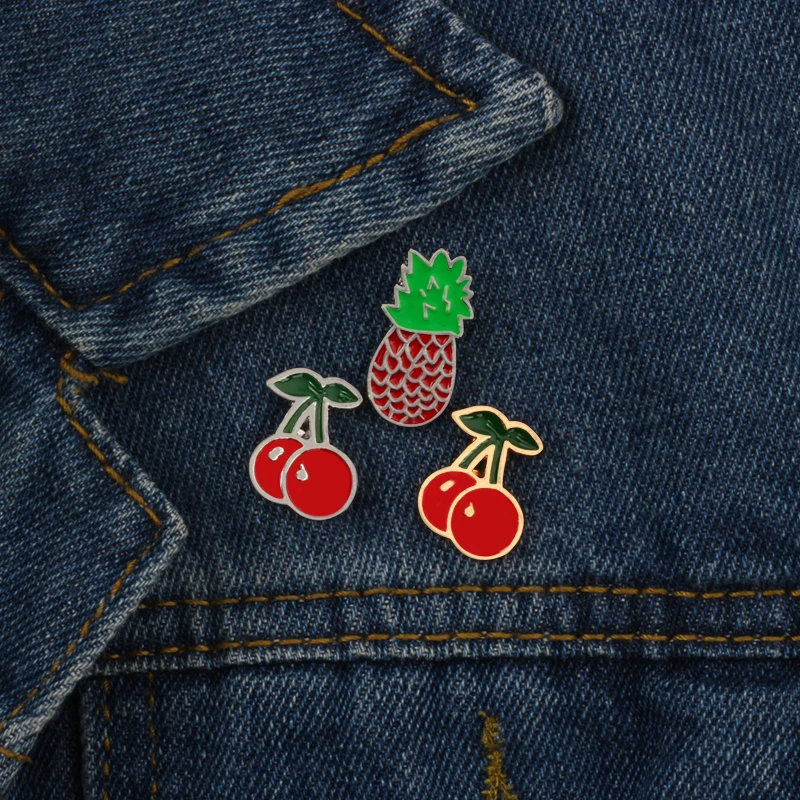 Pin Strawberry Gold Silver Cherry Fruits Brooch Metal Enamel Pin Badge Pins Denim Jacket Collar