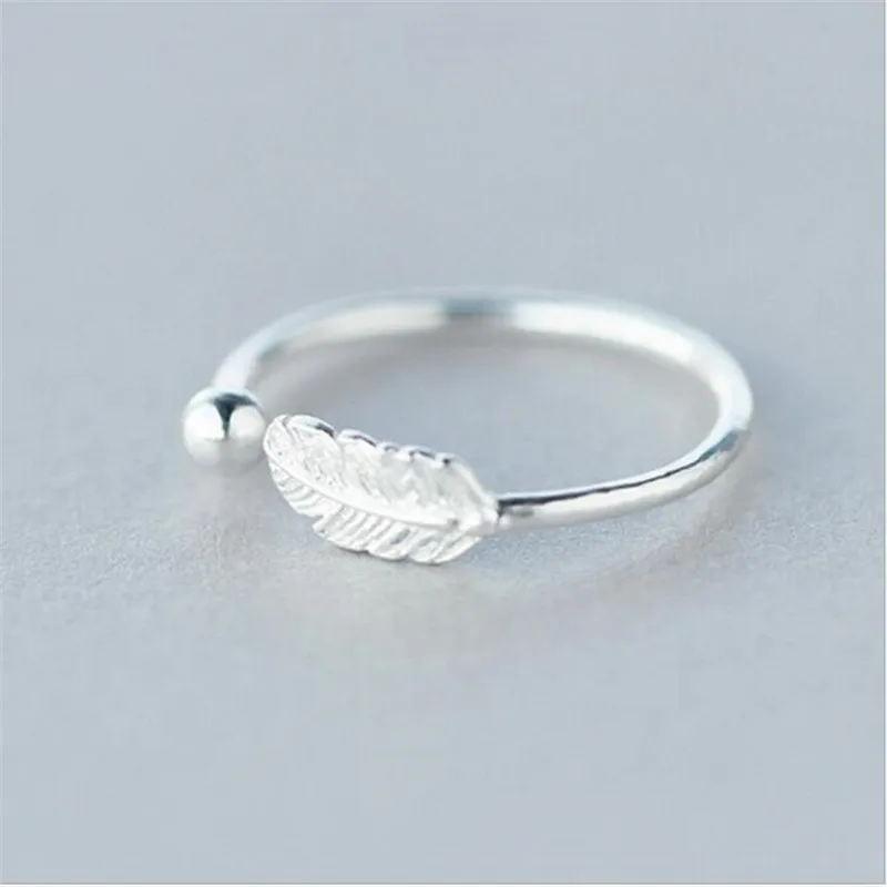 

925 Sterling Silver Bead Feather Rings For Women Adjustable S925 Jewelry Wedding Open Ring For Lover Best Gift RS076