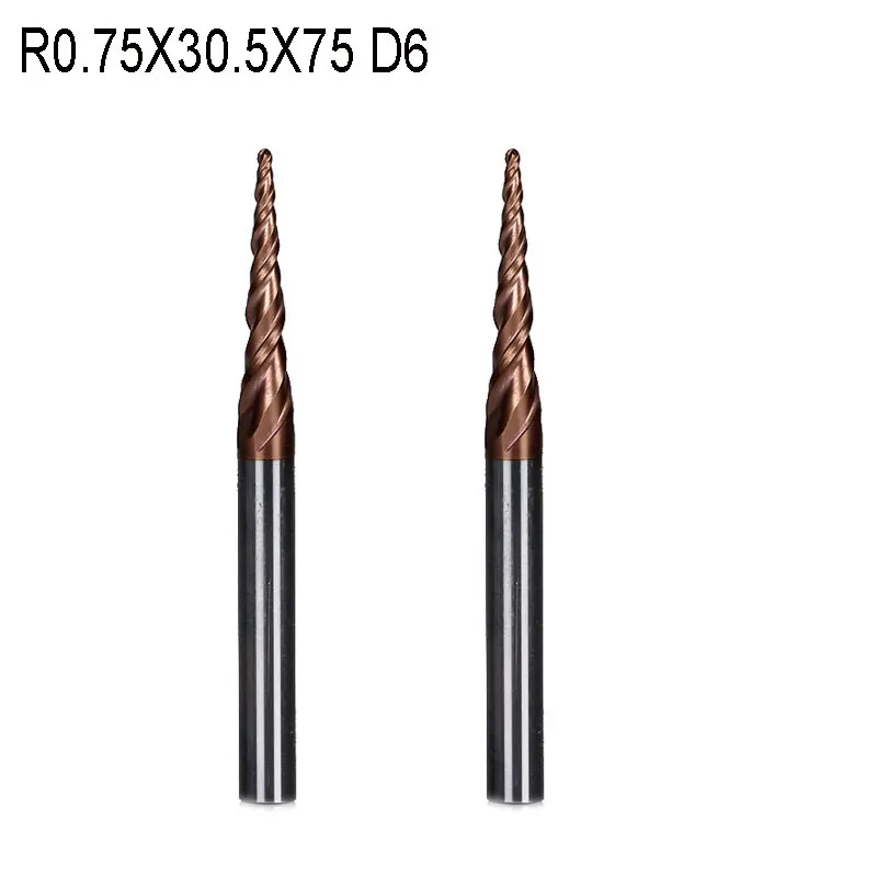 

2pcs R0.75*D6*30.5*75L*2F HRC55 solid carbide 6mm Ball Nose Tapered End Mills router bits cnc taper wood metal milling cutter