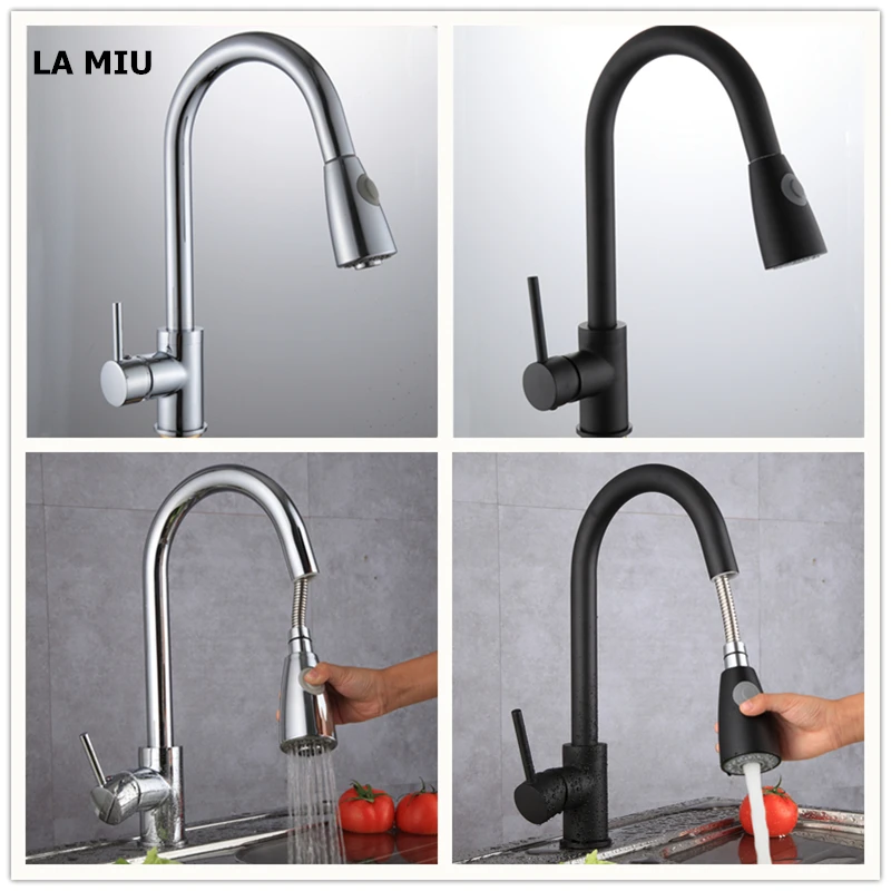 

LA MIU Free Shipping Matte Black Pull Out Kitchen Faucet Single Handle Basin Cold and Hot Kitchen Tap 360 Rotation Grifo MLS1081