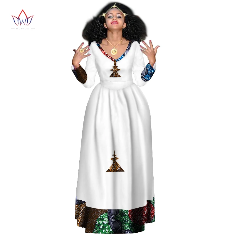 Новые африканские Базен платья для женщин африканские платья с длинным рукавом для женщин v-образным вырезом в африканской одежде воск Дашики ткань WY2998