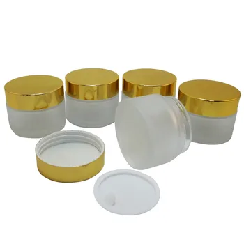 

5 PCS 50 ml Frost Glass Makeup Cream Jar w Shiny Gold Aluminum Plastic Lid (AY200F-50)
