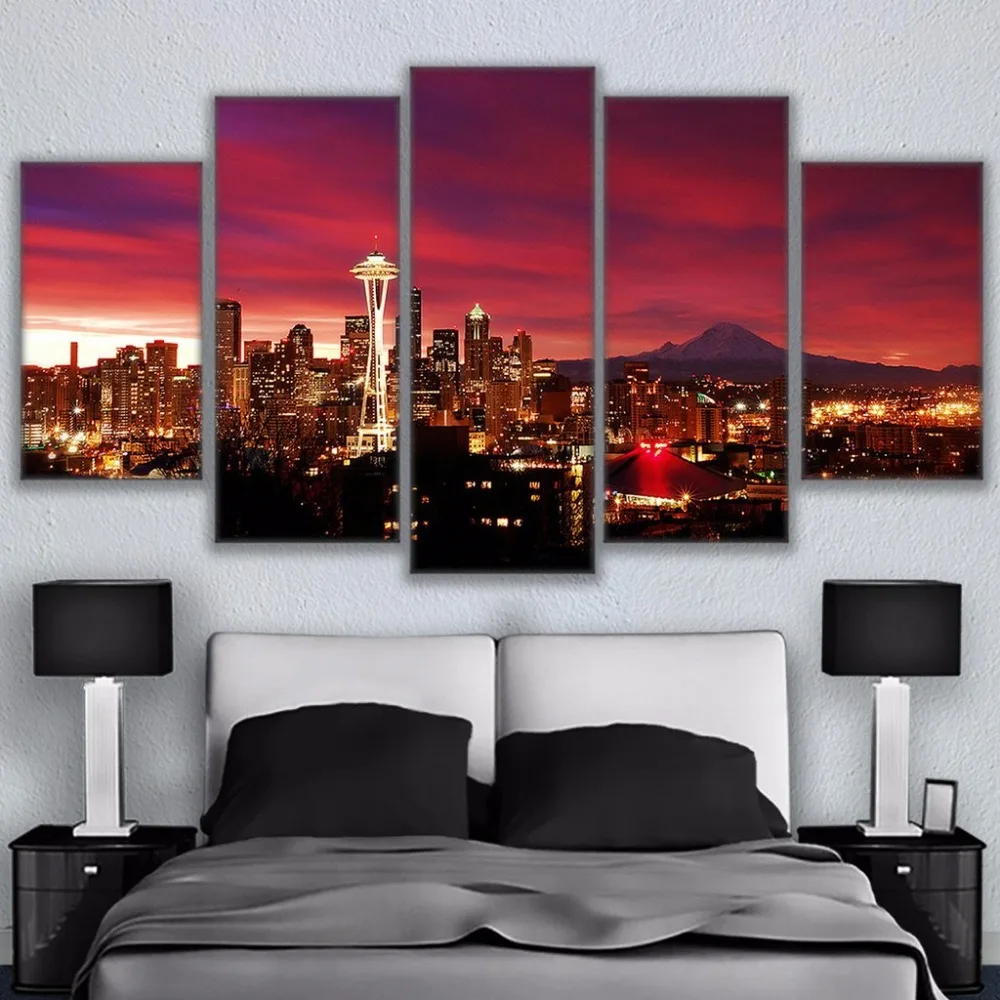 

Home Decor Canvas Prints Painting Modular Wall Art Tower Poster 5 Pieces Overhead Night Sky Seattle Cityscape Pictures Framework