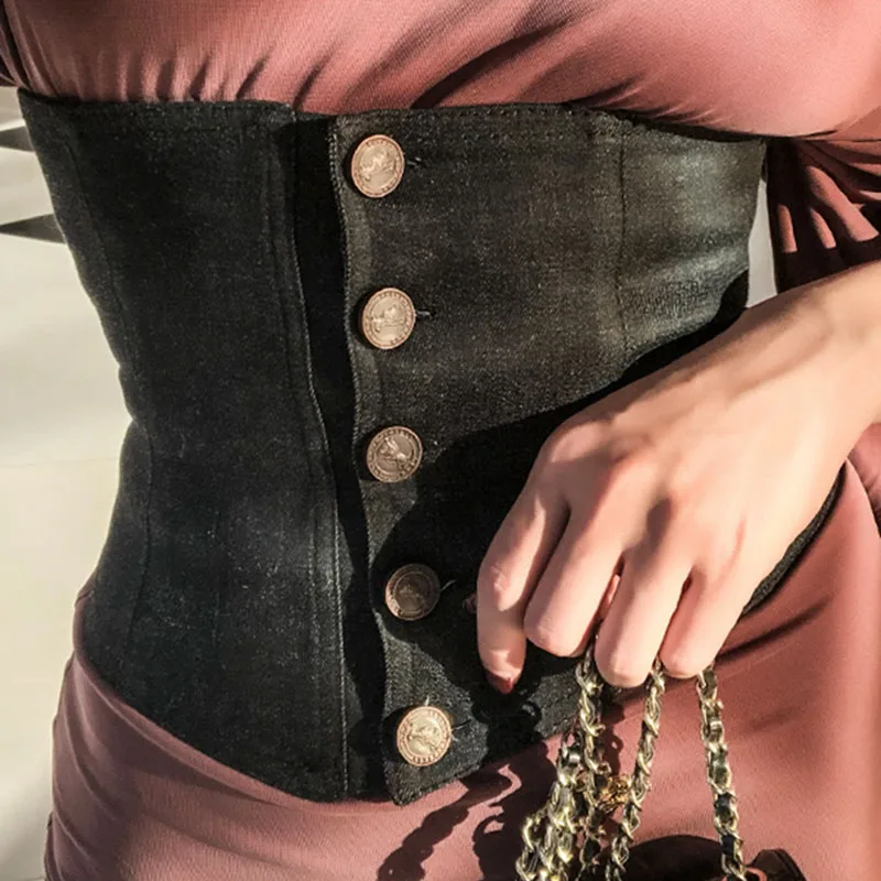 Le palais Винтаж деним ткань широкие LPC кнопки в старинном стиле Стильный тонкий высокой посадкой регулируемый пояс для женщин Лето 2019 г