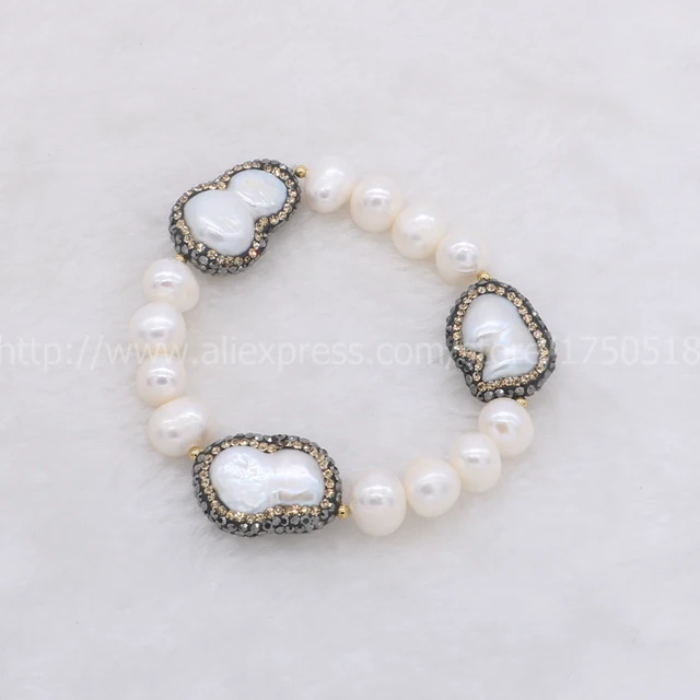 Natural Pearl Strand Bracelet With 3 Peanuts Pearls Bangle Natural Pearl Strand Bracelet With 3 Peanuts Pearls Bangle Handcrafted Beaded Gem Jewelry