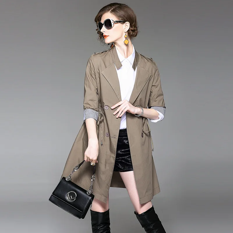 Nouveau Femmes khaki Gray Trench Manteaux Le S Bas Tournent Trimestre 2018 100 Longs Bureau Automne Vers Coton Manches xxl Mince Mode Trois Dame coat De 5FpAxpqI