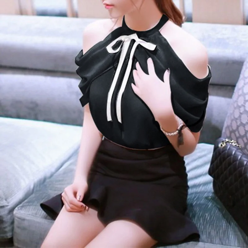 

Women's Fashion Chiffon Shirts Ladies Sexy Off-Shoulder Halter Shirts 2019 New Elegant Fold Lace Up Short Sleeve Slim Fit Shirts