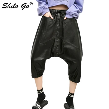 

Casual Leather Pants Women Spring Front Single Breasted Sheepskin Genuine Leather Cross Pants Loose Female Calf Lenght Pants