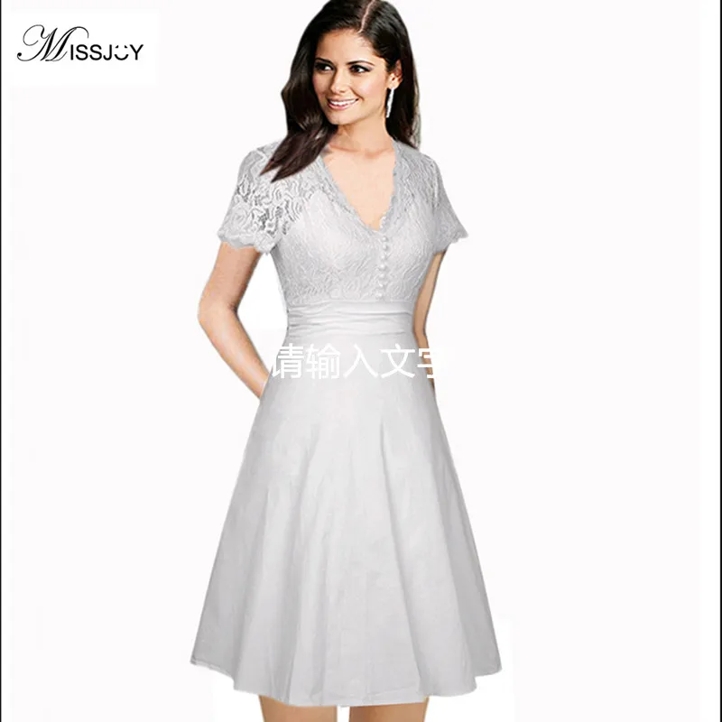 

MISSJOY Women 2019 Vintage Lace V-Neck Short Sleeve Sexy Knee Length Evening Wedding Cocktail Party Bridesmaid Swing Dresses